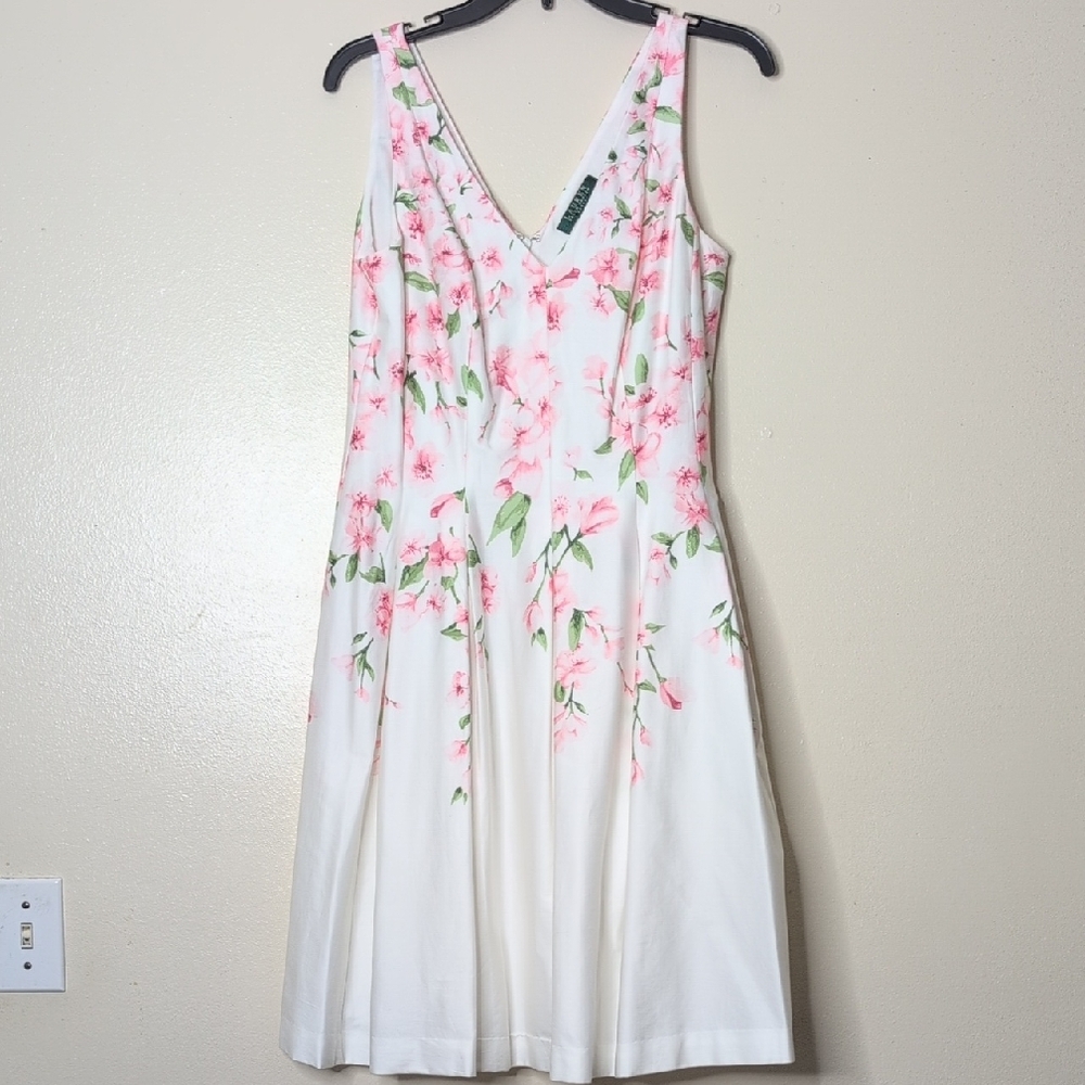 Ralph Lauren Sleeveless Floral Pink/White A-Line Dress, Size 8 - Picture 6 of 8